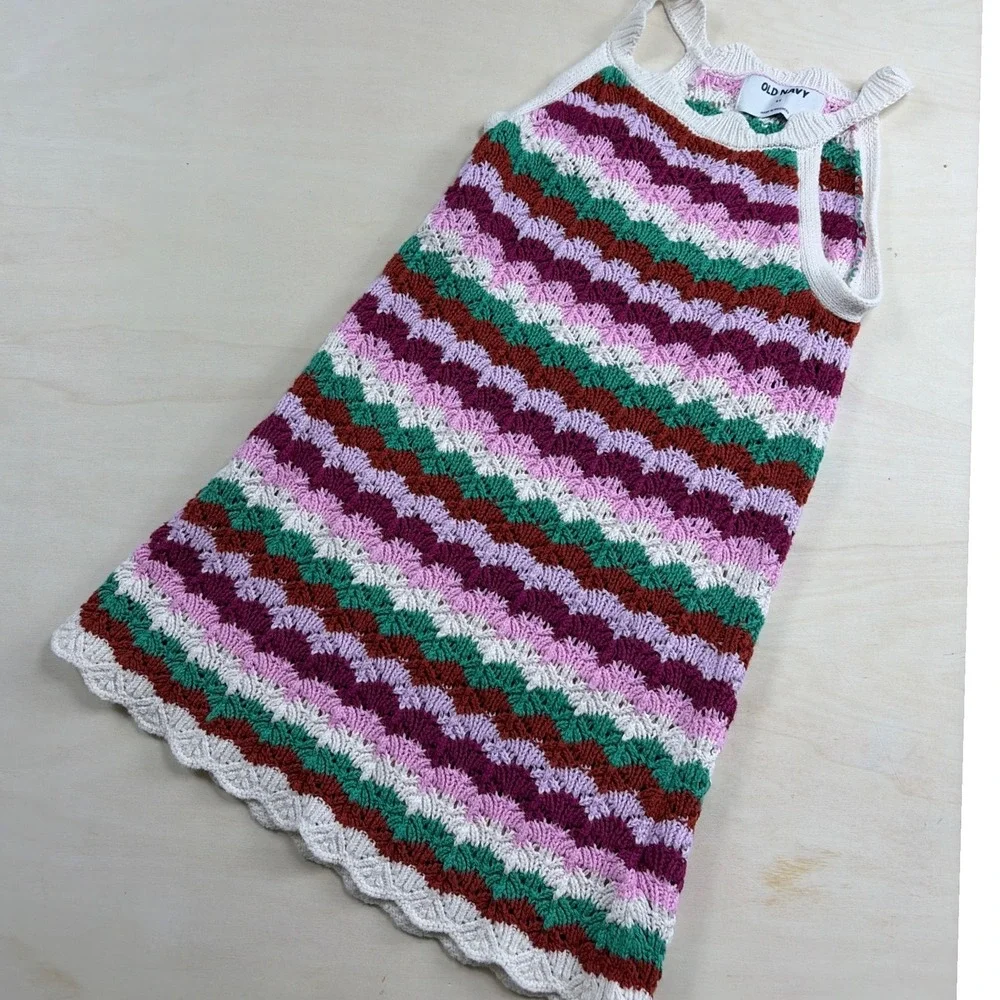 Old Navy Girls 5T Knit Dress Multi Color Scalloped Stripe Crochet Style A-Line